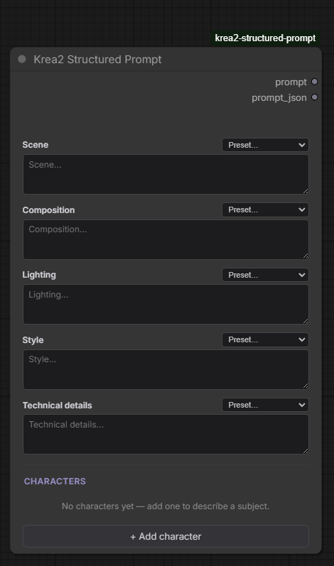 Krea2 Structured Prompt node, empty state