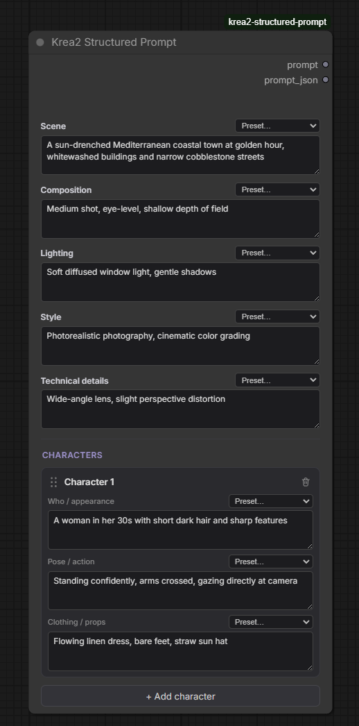 Krea2 Structured Prompt node, filled in with scene, style, and one character