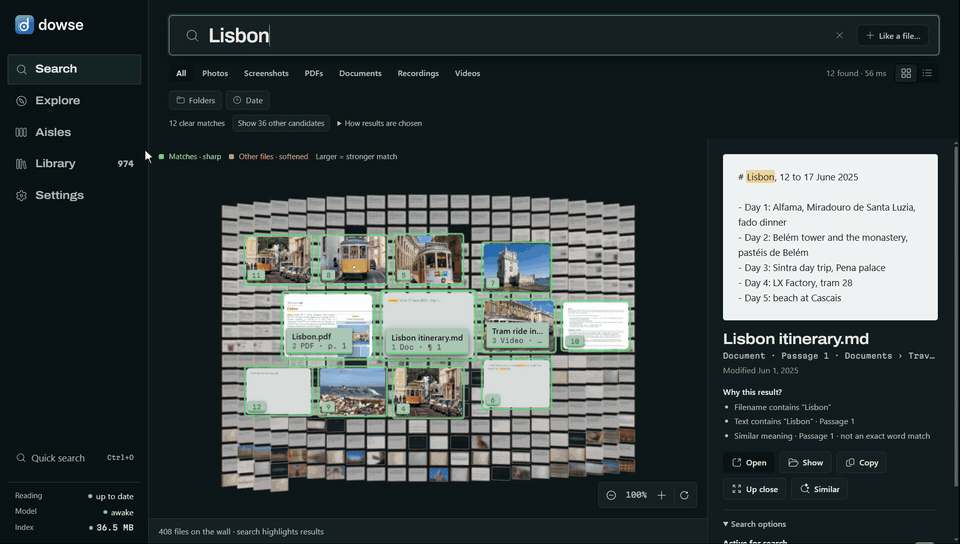 Explore: the whole floor of topics, then flying into the Lisbon trip aisle