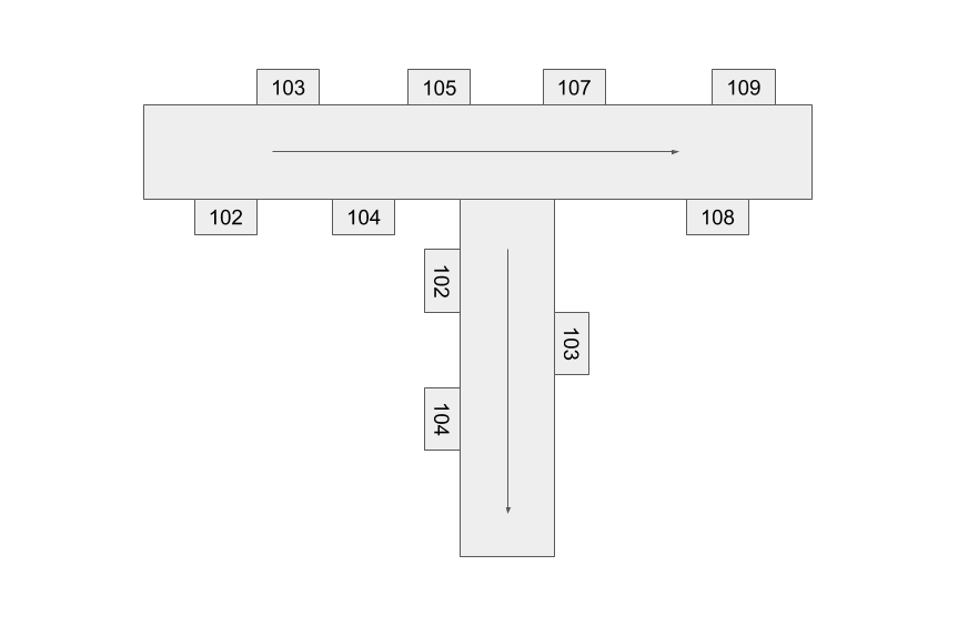 The same hallway as before, but with a Turn inserted between 105 and 106. If the image is not appearing, view the docs at https://room-finder.walnut.direct.