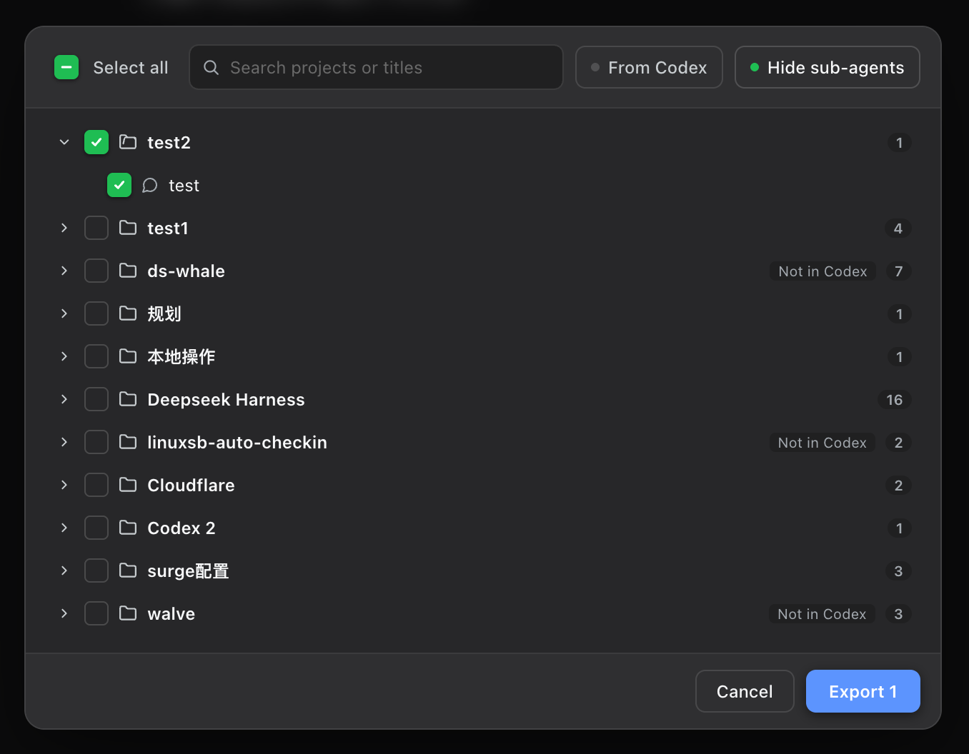 Export picker: smart workspace matching, source filter