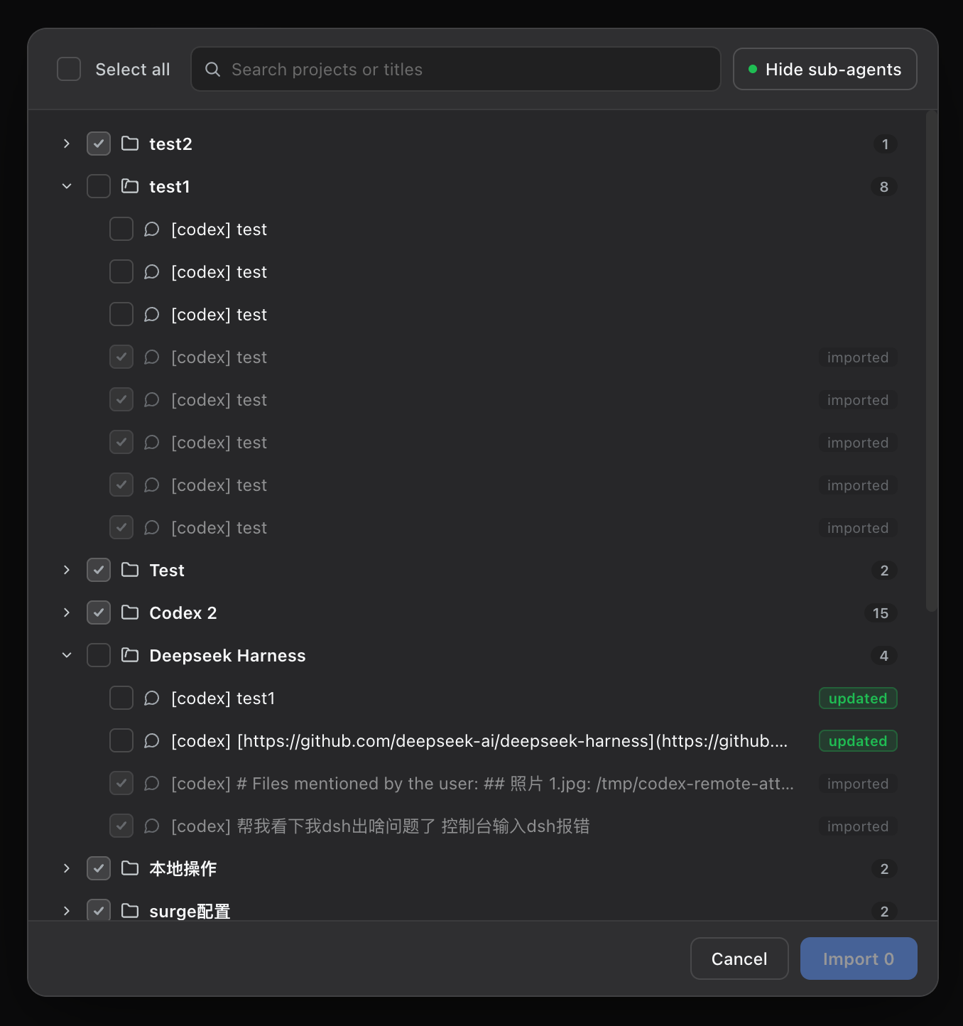 Import picker: projects, chats, and status tags