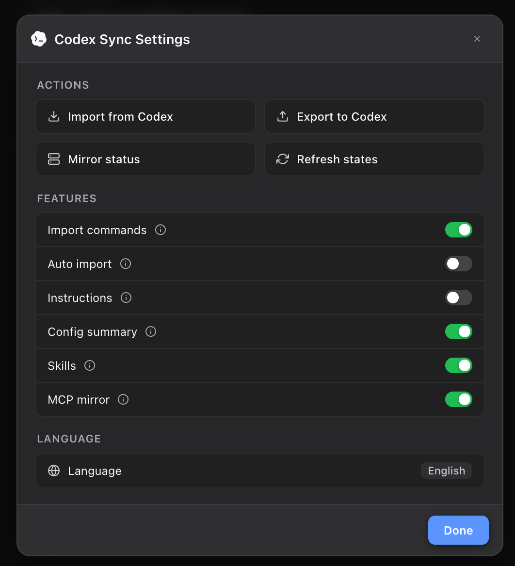 Codex Sync Settings modal: actions, switches, language