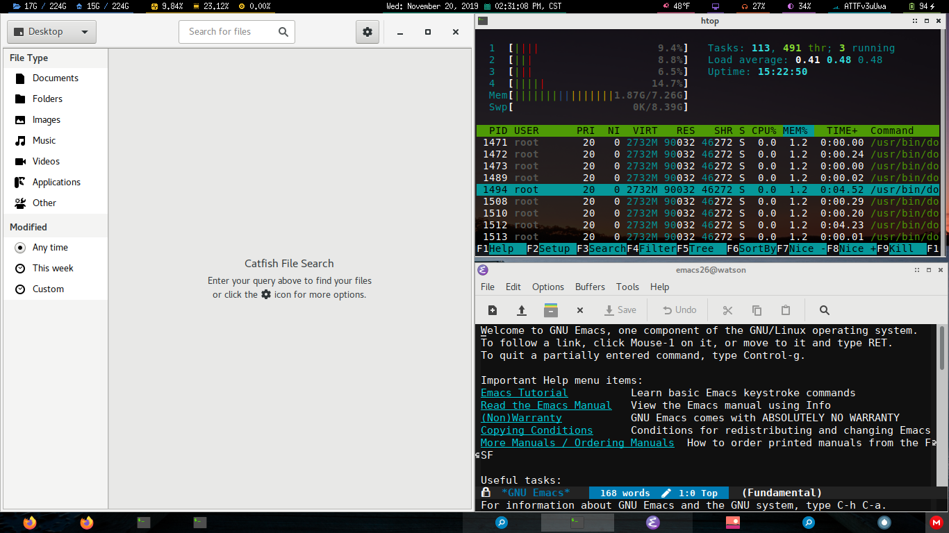 A picture of the desktop on the third workspace with the programs Catfish, left; a URXVT terminal running Htop, top right; and the GUI version of Emacs, bottom right, present in the third workspace