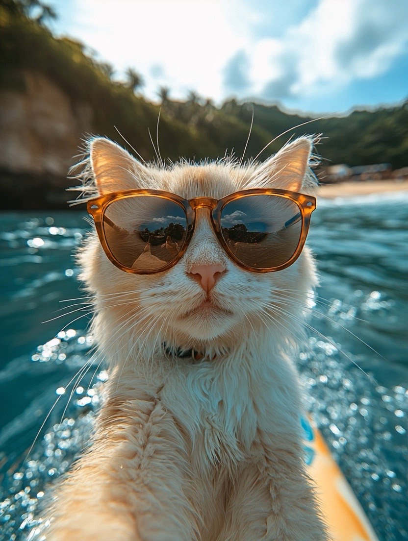 Offizielles Wan-2.2-Bild-zu-Video-Beispieleingabe: eine weiße Katze mit Sonnenbrille auf einem Surfbrett