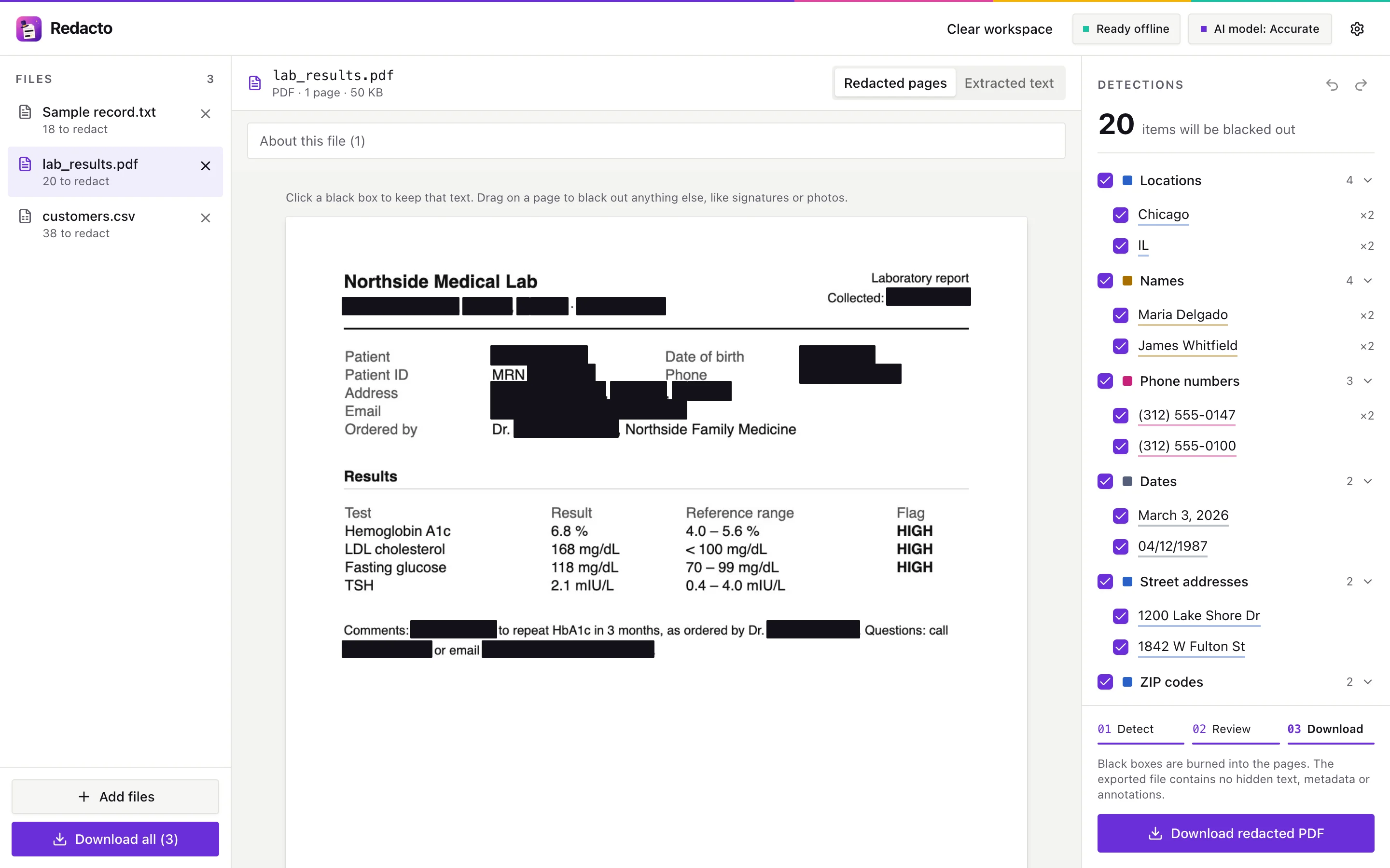 A lab report PDF with personal details blacked out and the results left visible
