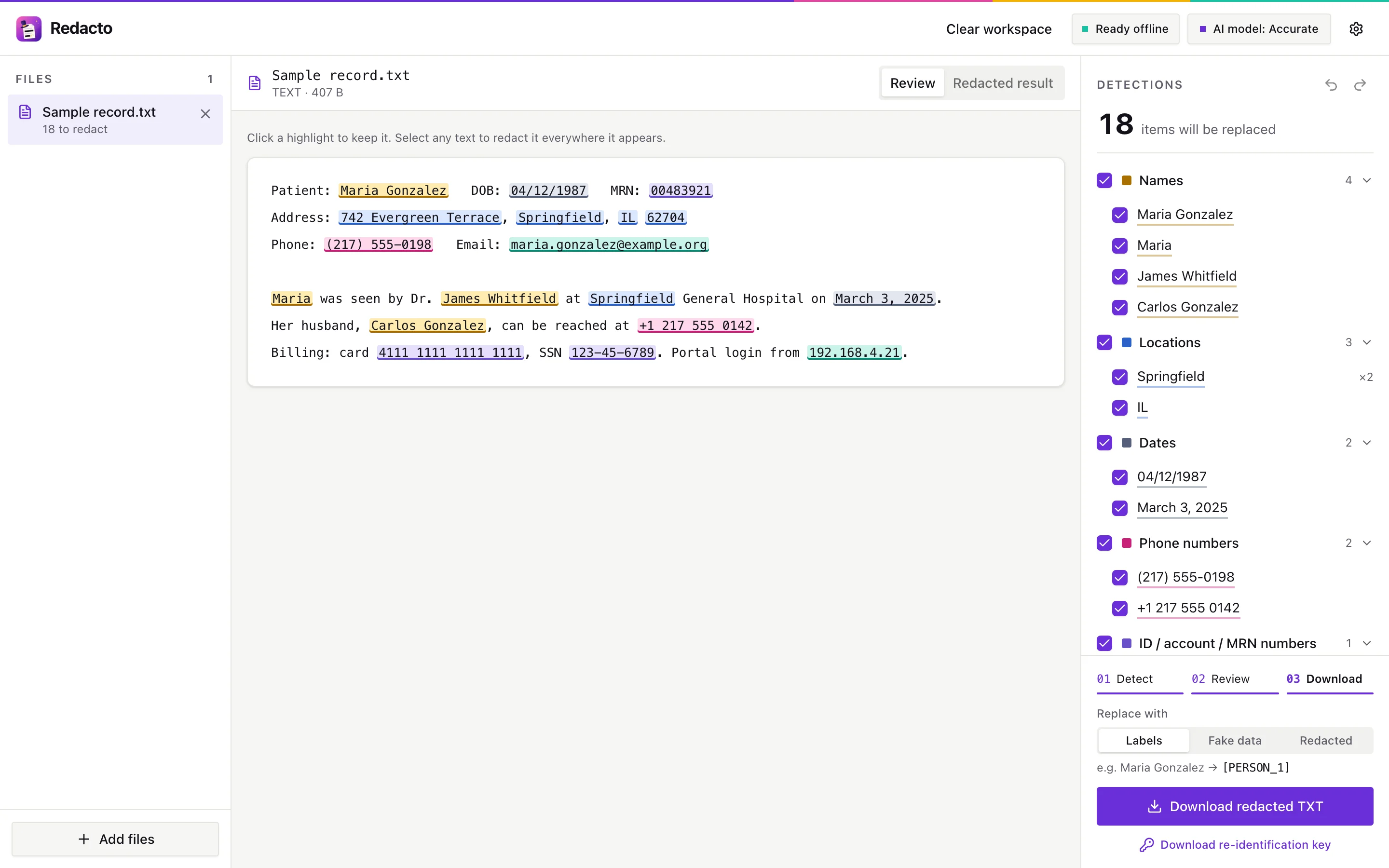 Text review with highlighted names, dates, phone numbers and IDs