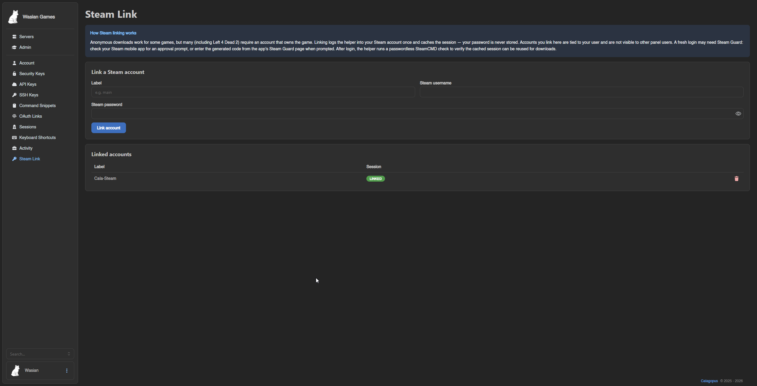 Steam Link page showing account linking and verified linked account status