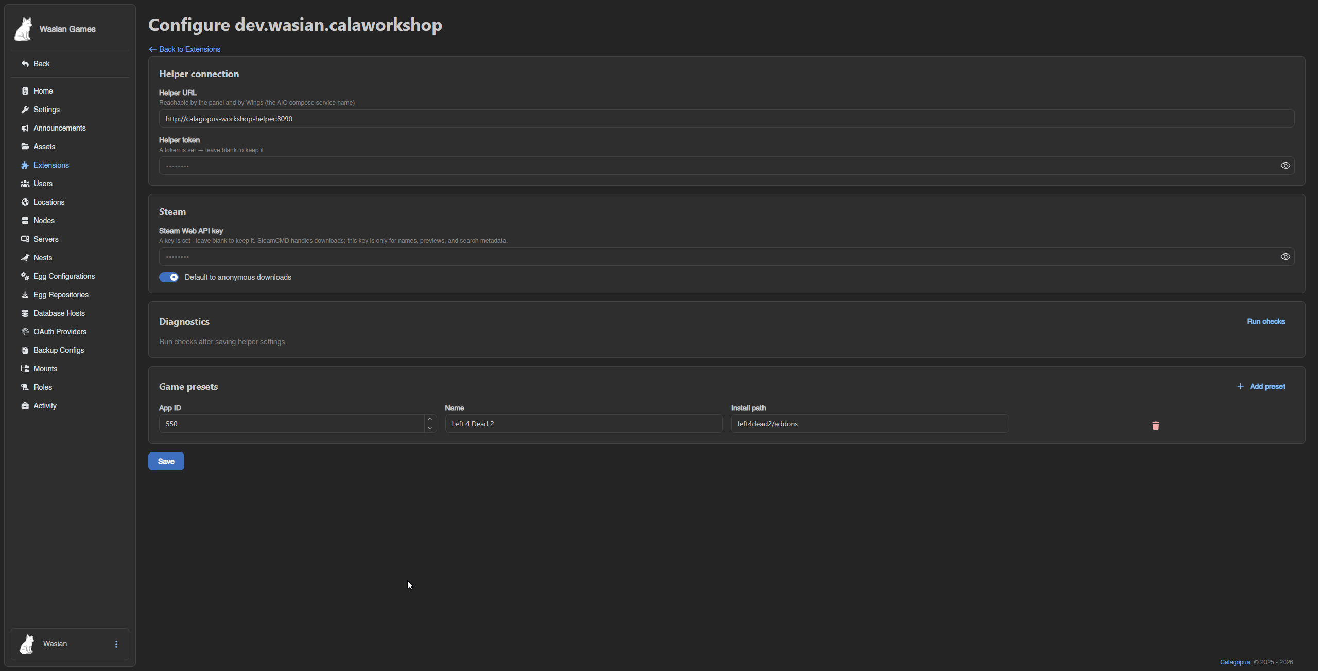 Admin extension settings showing helper connection, Steam metadata key, diagnostics, and game presets