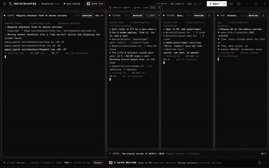 MetaTrooper wall: Claude Code, Codex and Gemini running side by side