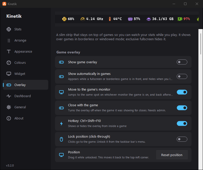 The Overlay page in Settings