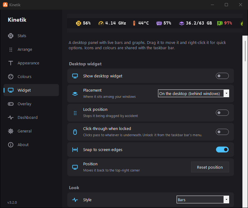 The Widget page in Settings