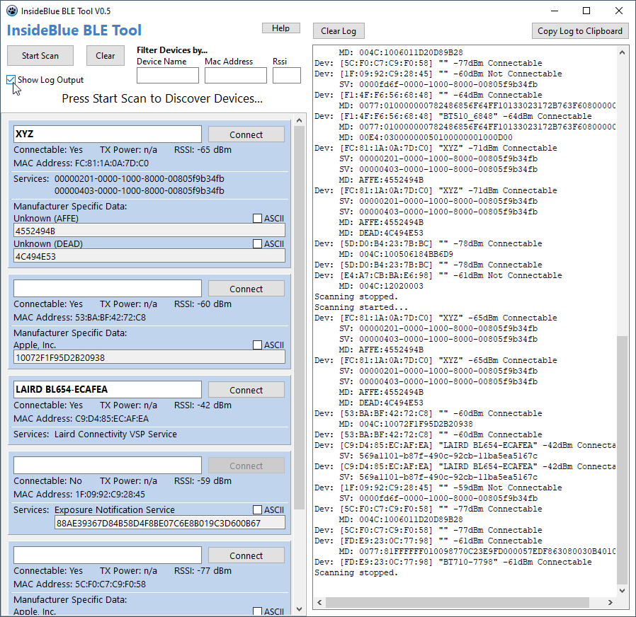 InsideBLue BLE Tool Scan Window with Log Output