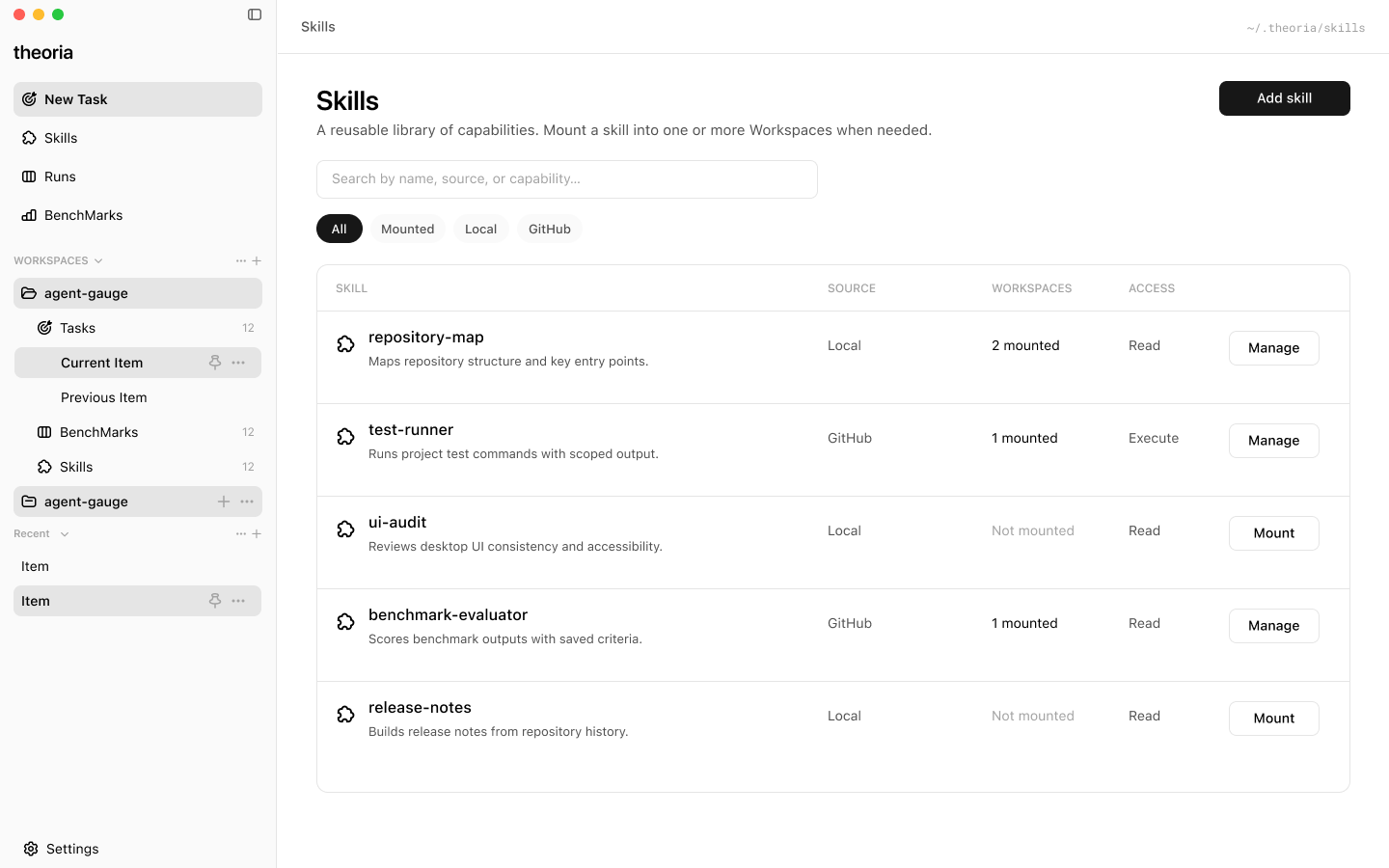 Skill management in Theoria
