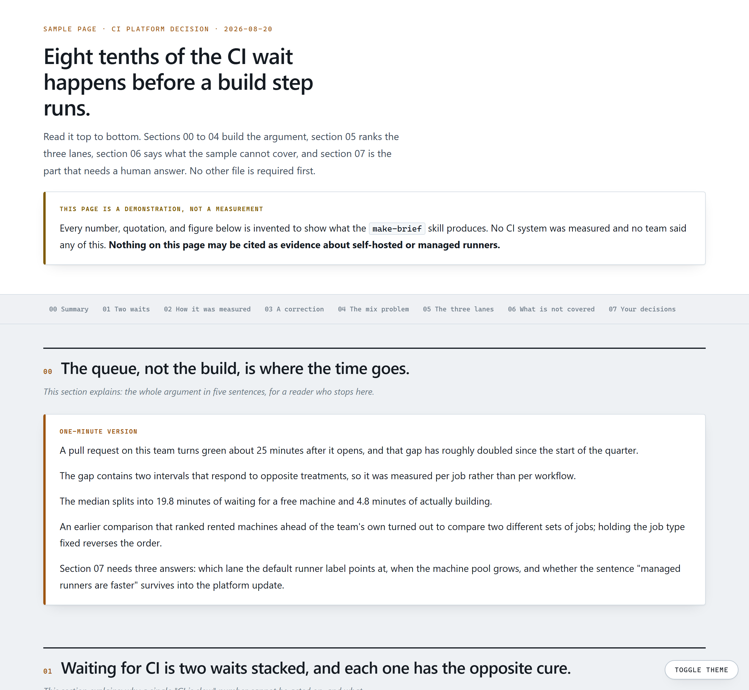 The top of a decision brief: an assertion as the headline, a standfirst saying how to read the page, a warning box, and a plain-language table of contents.