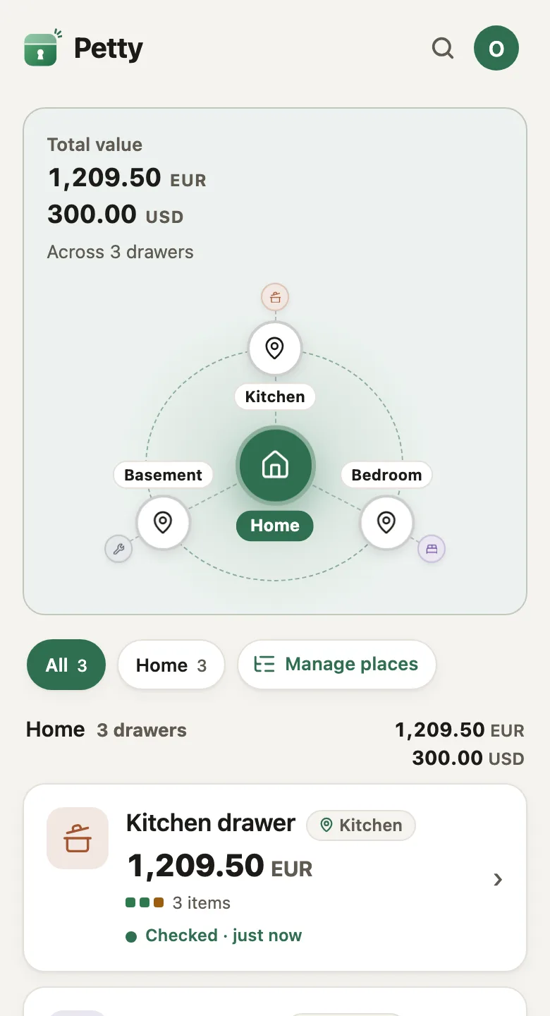 Home screen: the total, the places as a picture, and the drawers grouped by place