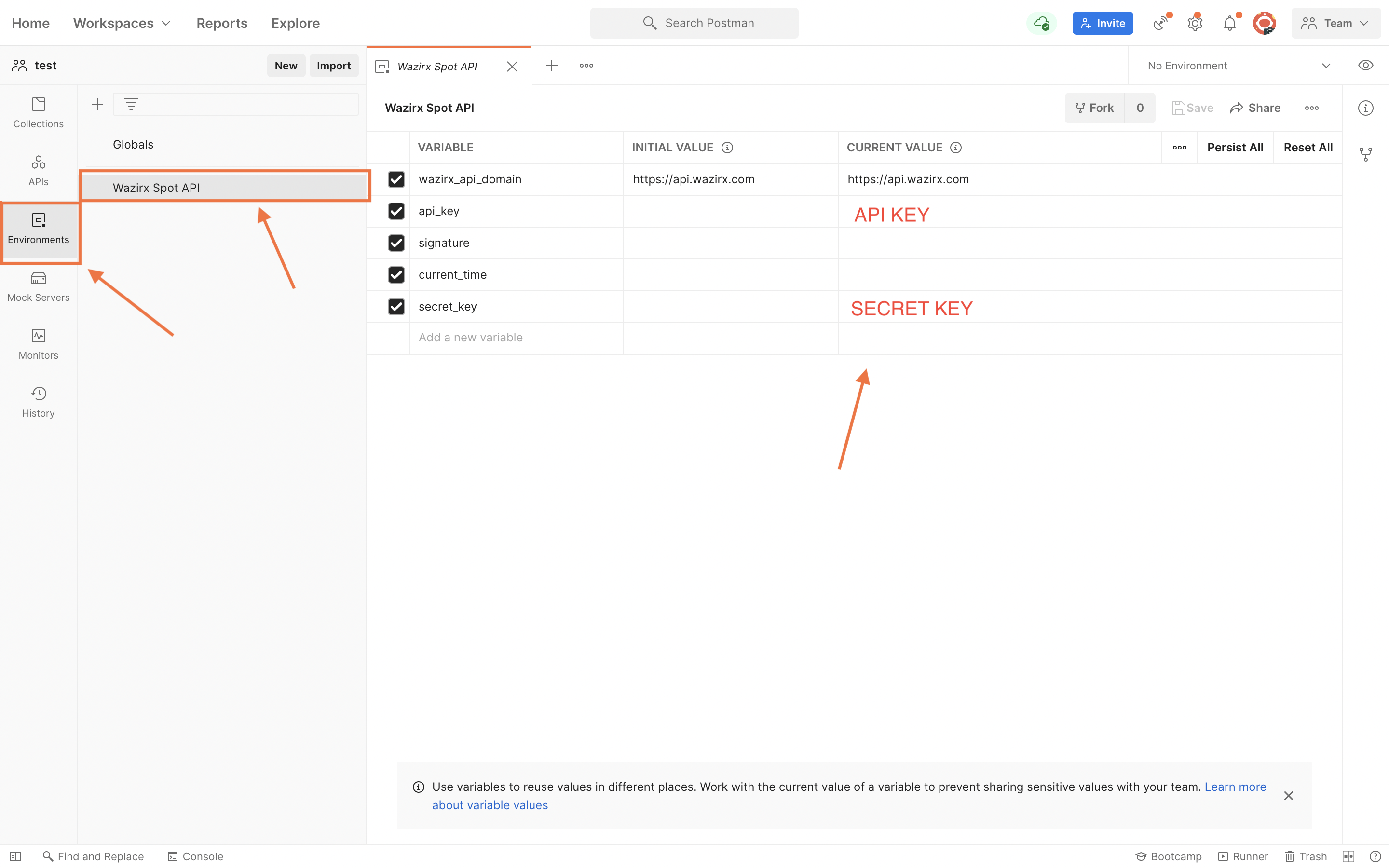 Screenshot of Postman for Mac, showing where the user should fill in their API and secret keys.