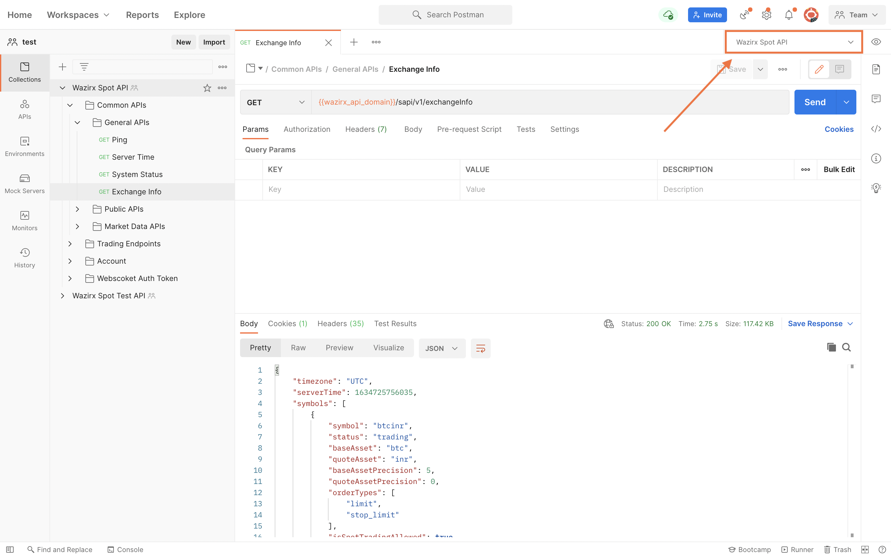 Screenshot of Postman for Mac, showing how imported environments can be selected from a dropdown .