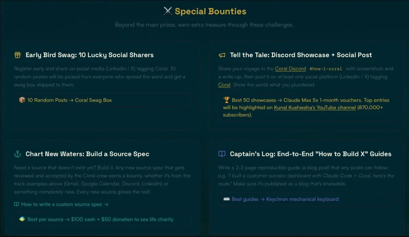 Special Bounties section showing four extra challenges - early bird swag, Discord showcases, building a new source spec, and writing end-to-end guides
