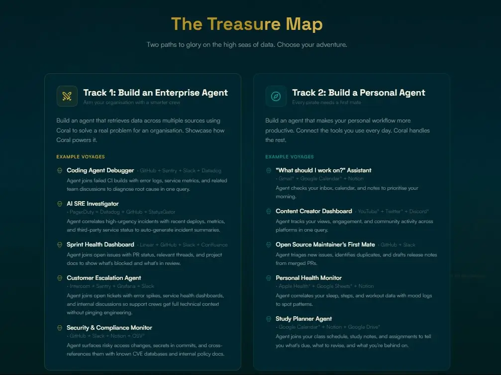 The Treasure Map section of the hackathon page, showing Track 1 Build an Enterprise Agent and Track 2 Build a Personal Agent, each with example project ideas
