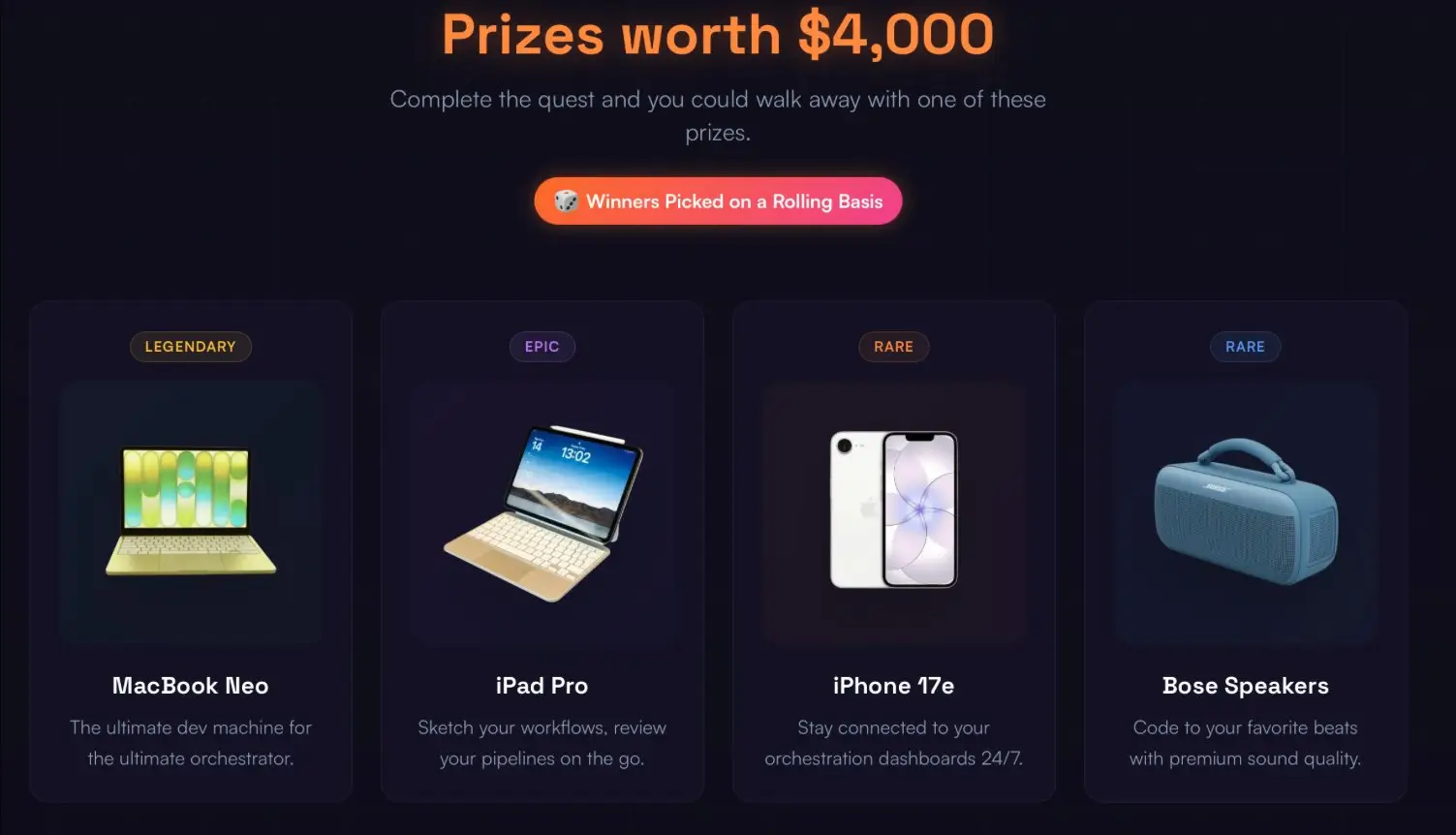 Prizes worth $4,000 for the challenge - MacBook Neo, iPad Pro, iPhone 17e and Bose speakers, with winners picked on a rolling basis