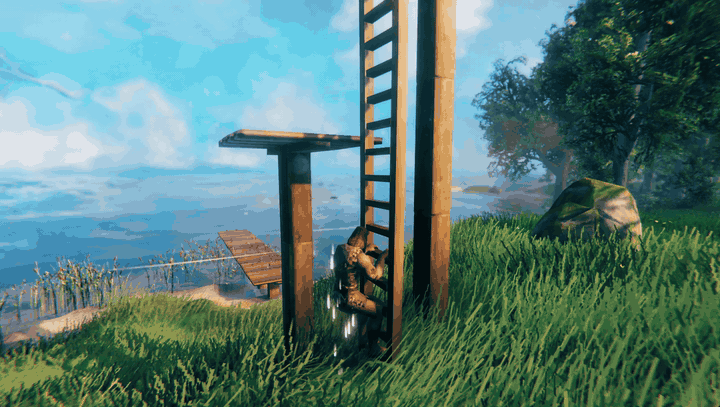 Side view of a character climbing a three-section wooden ladder up a tower, pausing, and climbing back down to the ground