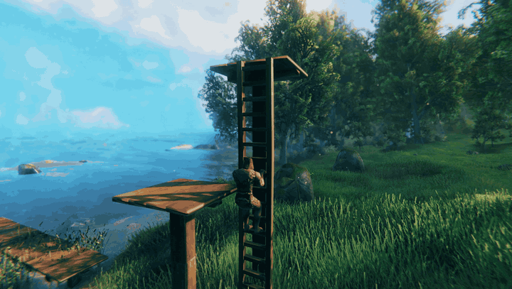 A character hanging on the ladder jumps off backwards and lands on the grass
