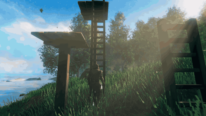 A character jumps beside the ladder, catches it in midair, climbs a little and then drops off