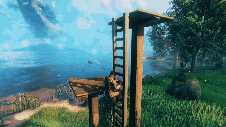A character partway up the ladder steps sideways onto a small floor beside it