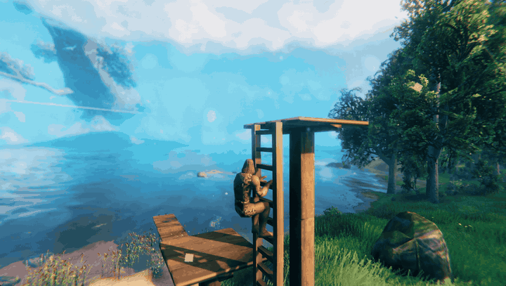 A character slides quickly down the ladder from the top to the ground