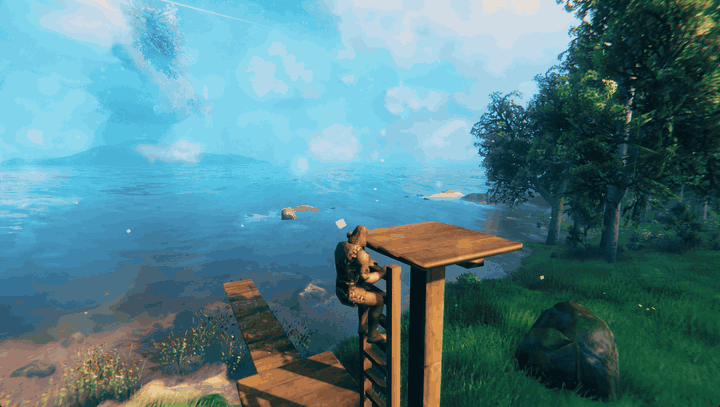 A character standing on the top floor gets onto the ladder below the edge and climbs down