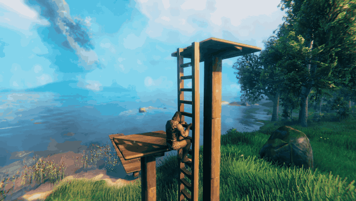 A character climbs to the top of the ladder and steps off onto the wooden floor at the top of the tower