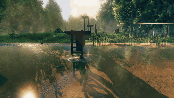 A character swims up to a wooden ladder hanging off the end of a dock, grabs it, climbs out of the water and walks onto the dock