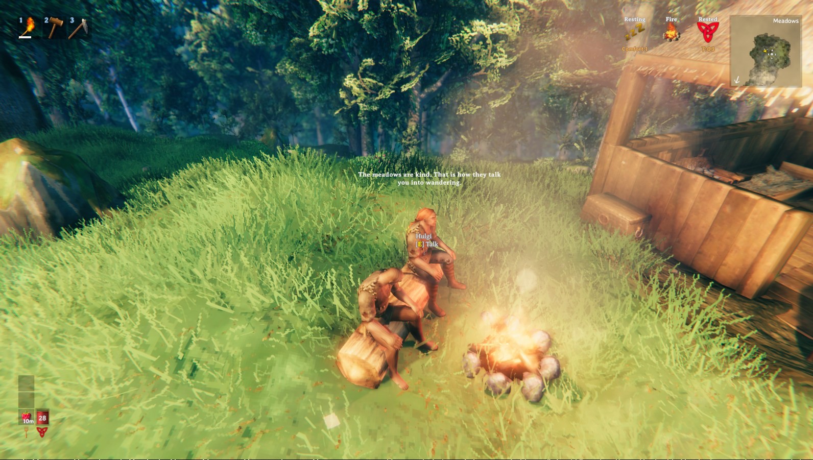 Hulgi sitting on a log by the campfire beside the player, saying "The meadows are kind. That is how they talk you into wandering." over his head