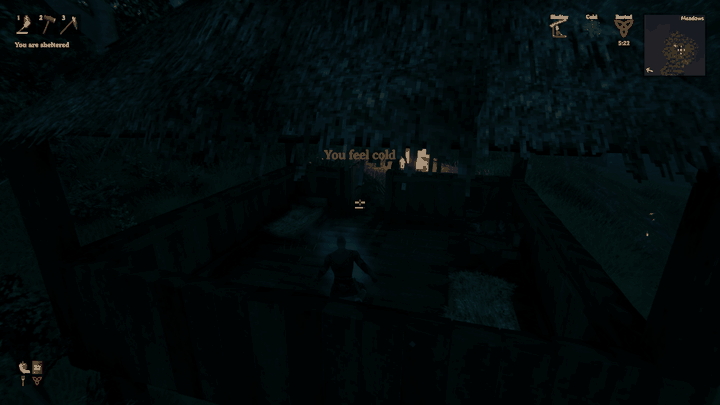 At night inside a cottage, Hulgi lies asleep in a spare bed while the player stands beside it