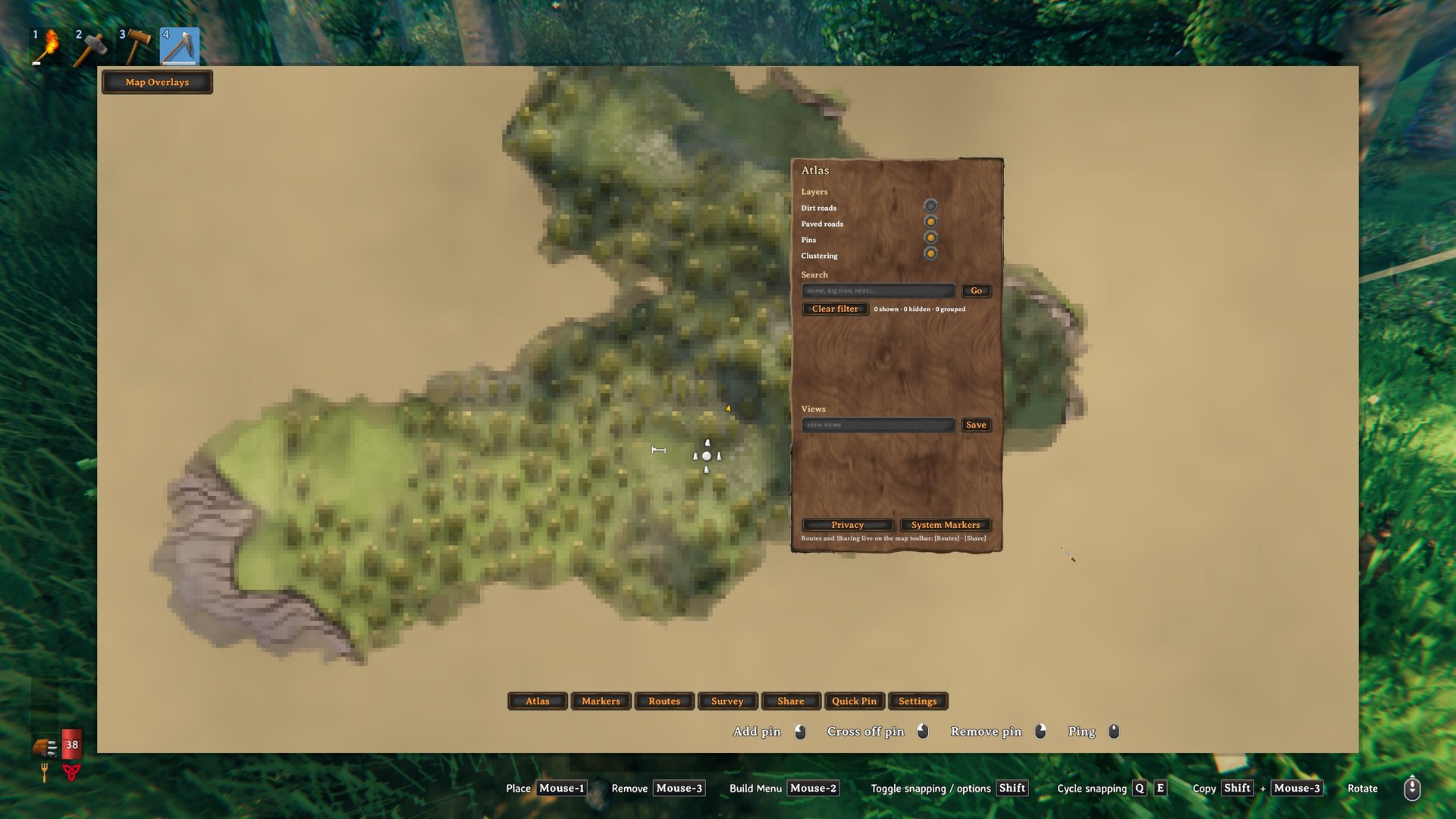 The Atlas Drawer over the map, with layer toggles for dirt roads, paved roads, pins and clustering, plus search and saved views