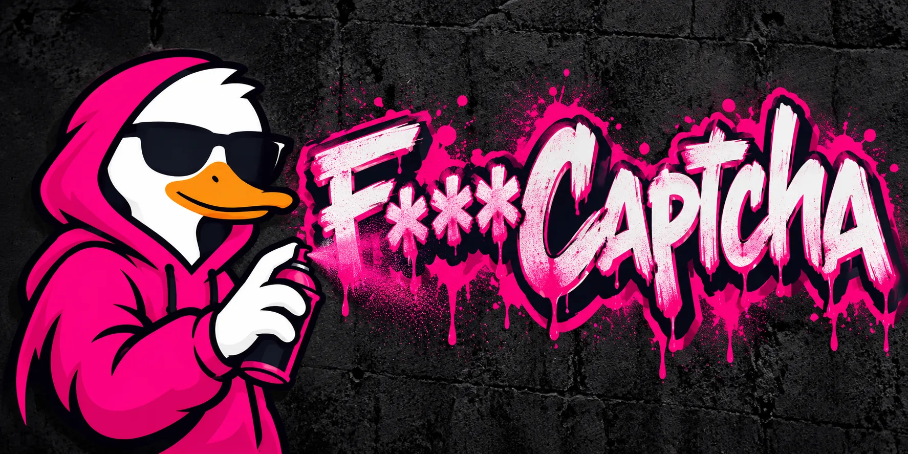 F***Captcha: a duck in a pink hoodie spray-painting the name on a wall