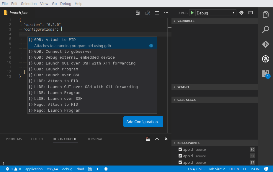 Visual studio code debugger launch.json auto completion showing alternative way to create debuggers