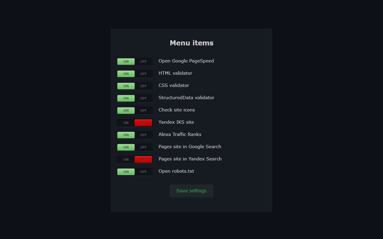 settings webmaster menu