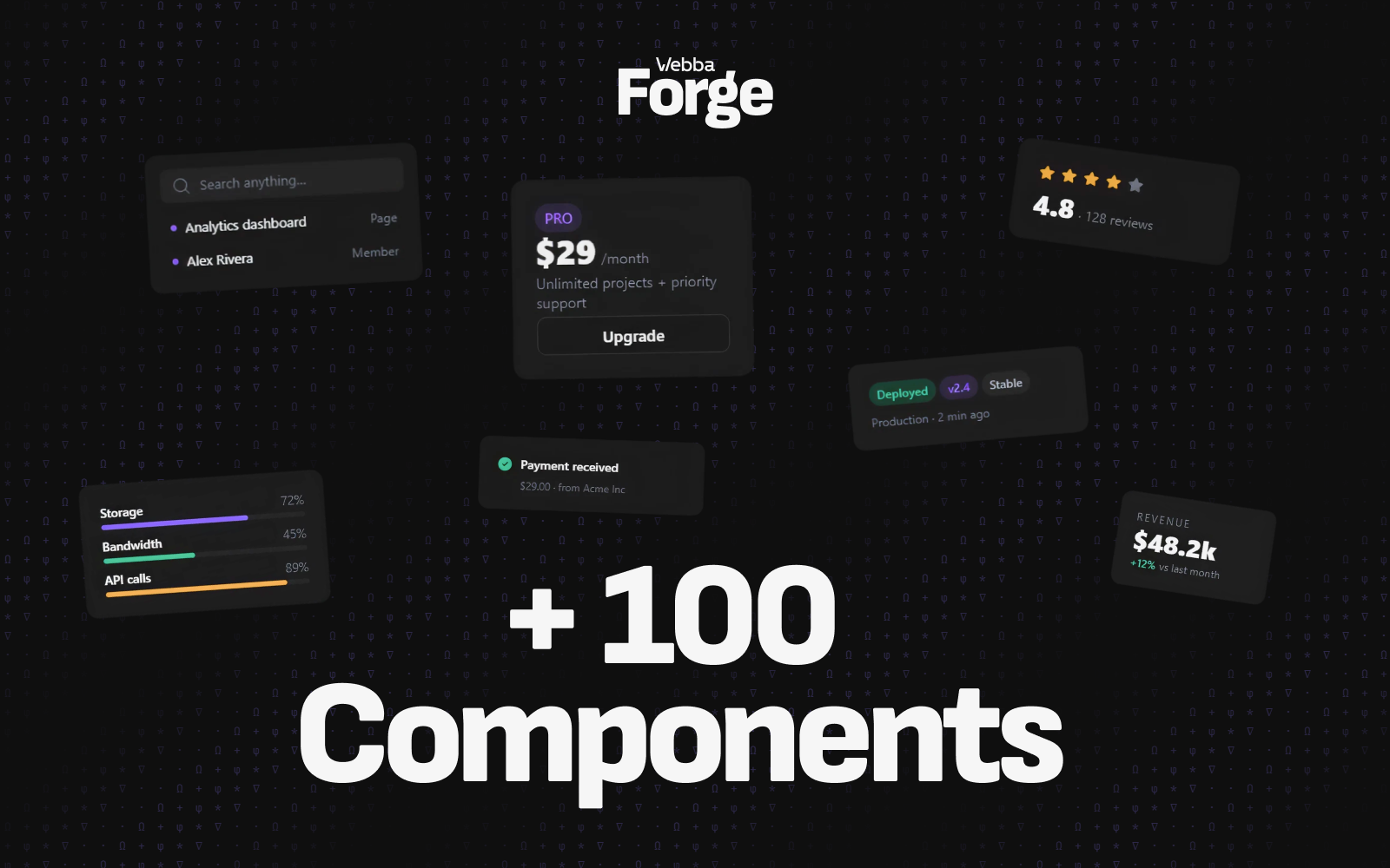 A selection of Forge components: search, pricing card, payment notification, stat tile, badges, storage bars