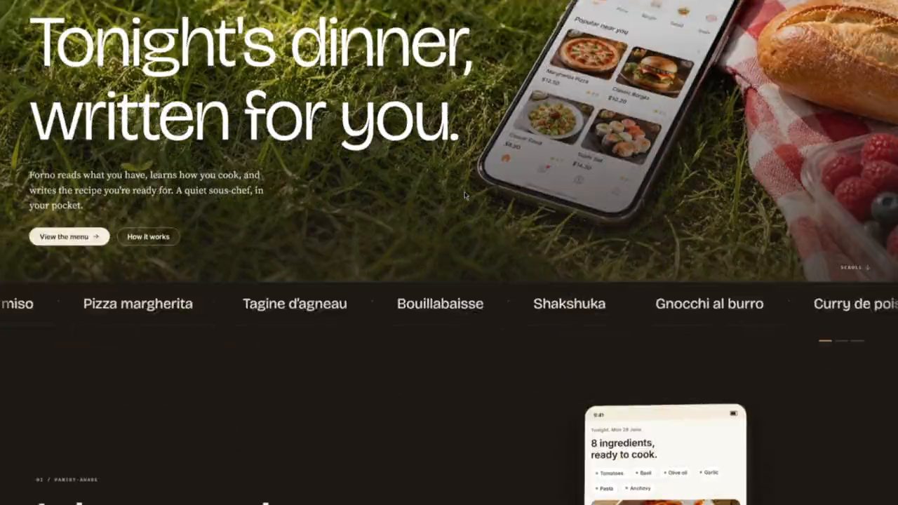 Forge motion demo: scroll reveal, marquee, magnetic hover