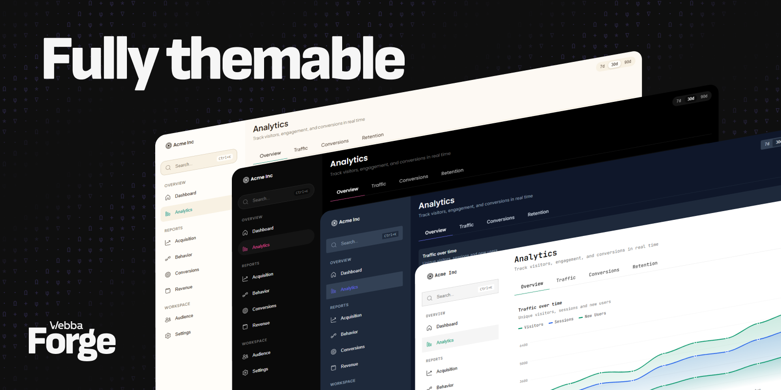 The same Forge UI rendered in dark and light themes side by side