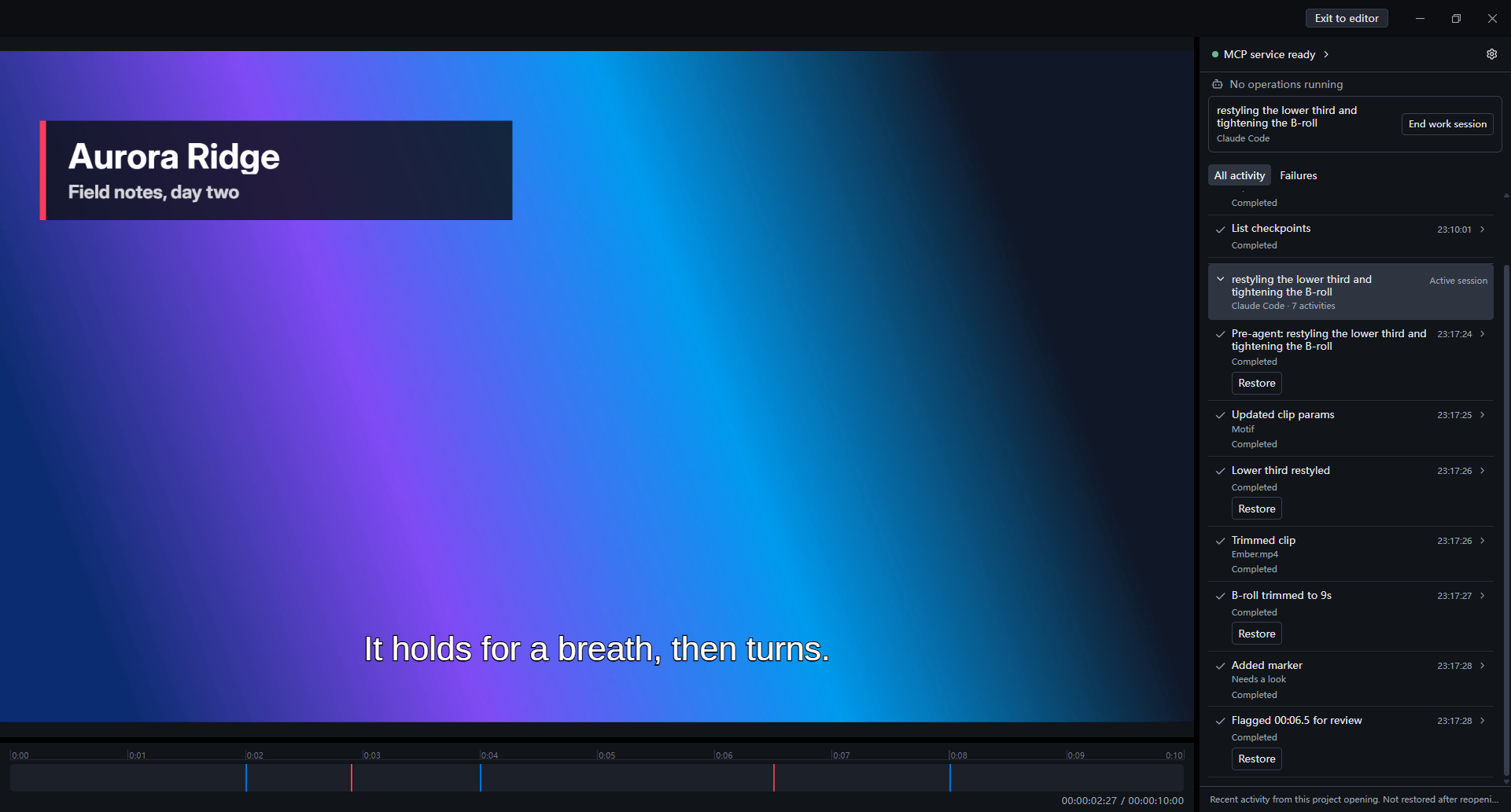 Agent mode — the activity panel while an agent works