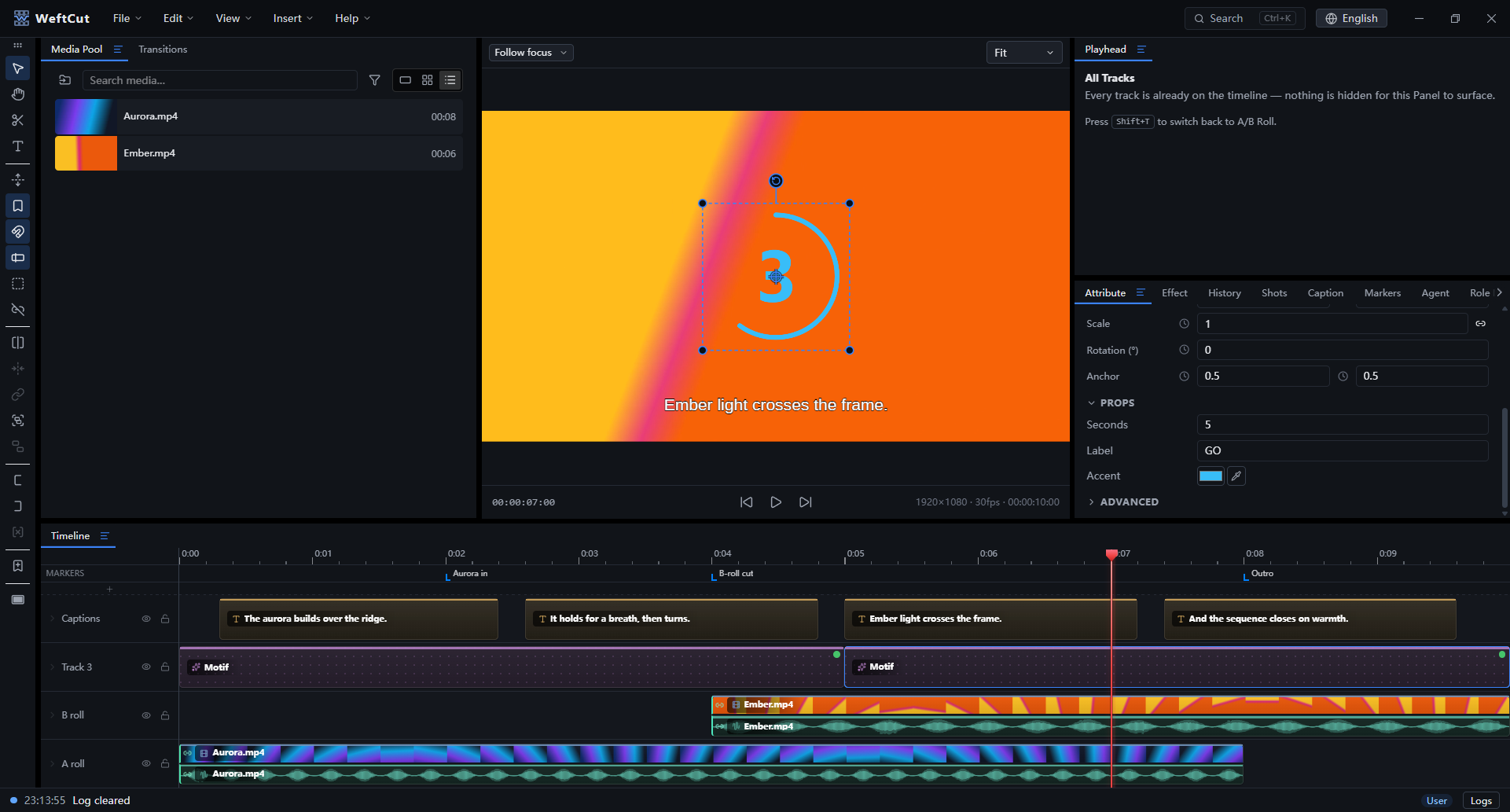 A Motif on the timeline, with its props in the inspector