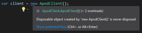 A warning in visual studio saying "Disposable object created by 'new ApodClient()' is never disposed"