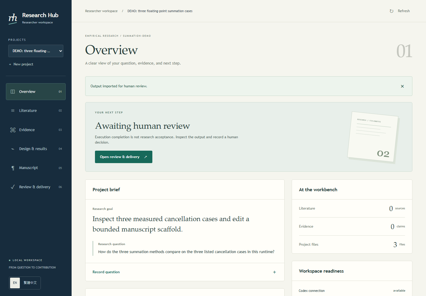 Actual workspace UI running local demo fixtures, showing the project navigation and traceable research records.