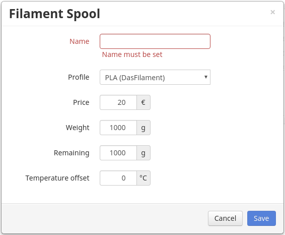 FilamentManager Settings Spool