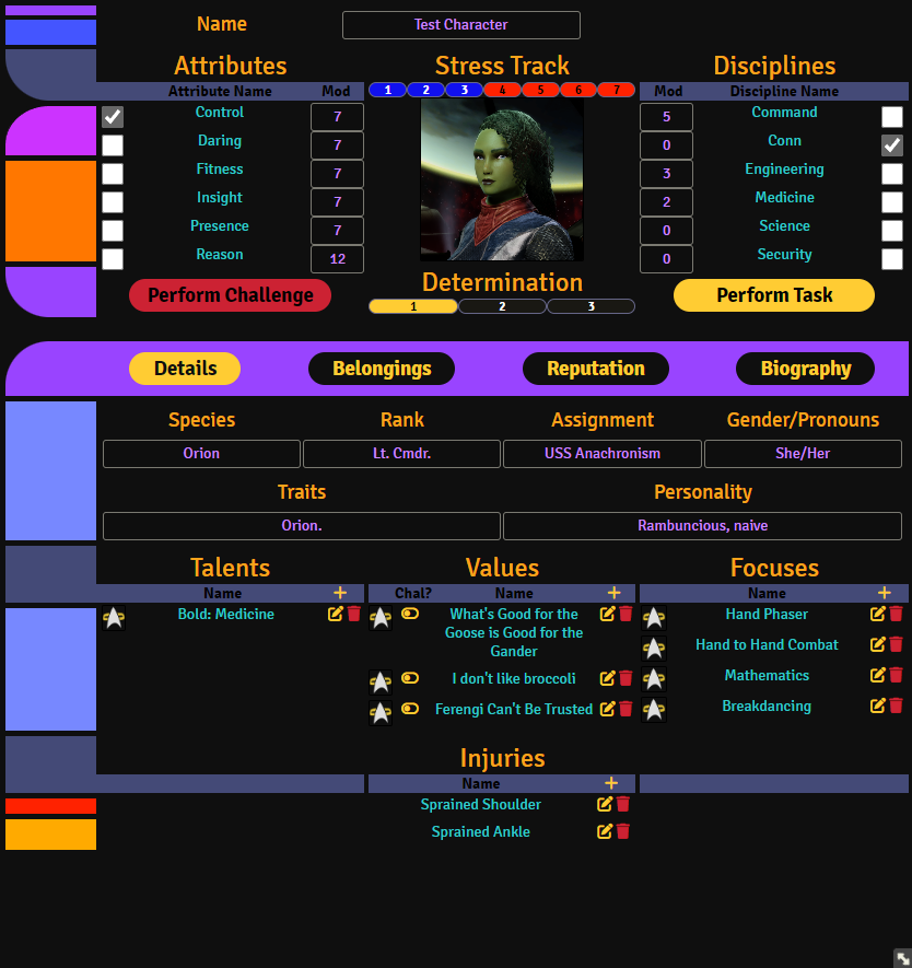 A screenshot of the updated character sheet, which shows several new fields (personality, gender) and a tabbed interface for navigating sub-pages.
