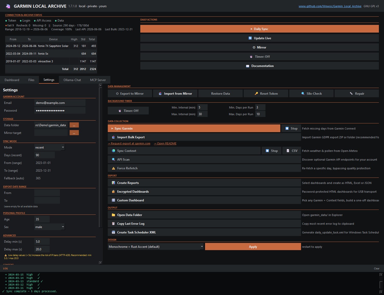 Settings tab, showing sync and data management options