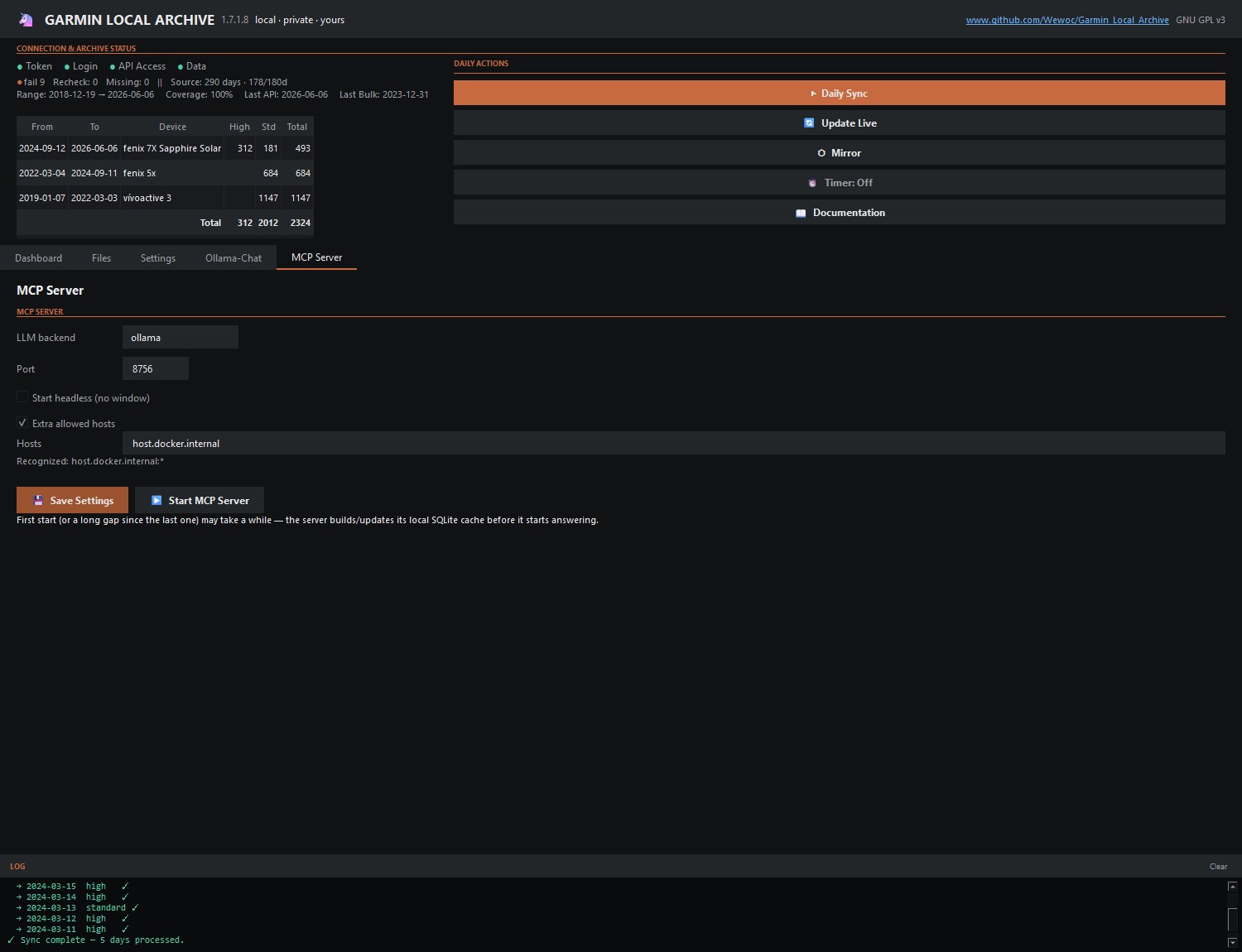MCP server settings, showing local Ollama backend configuration